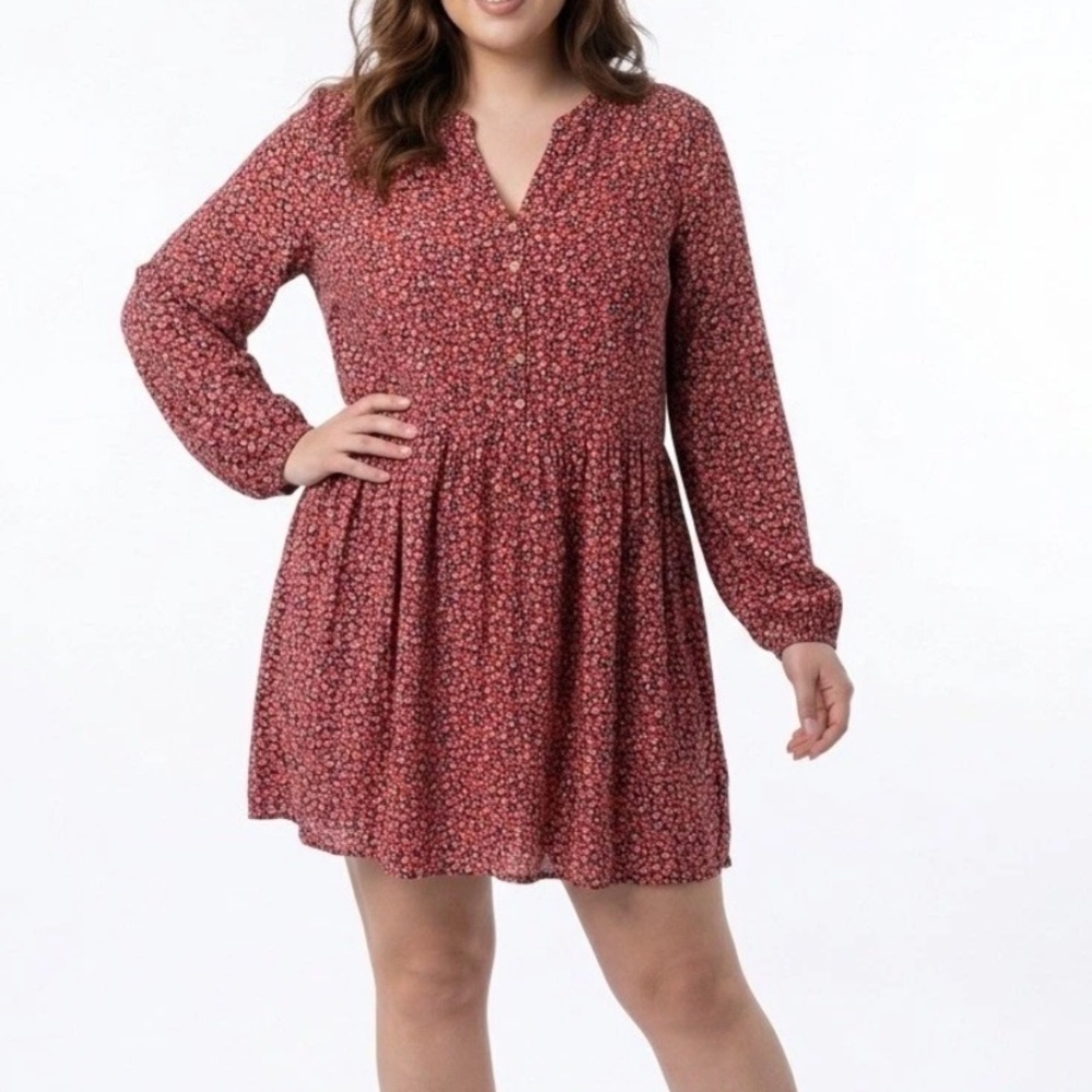Loft Dress Women’s Size XL Red Floral Long Sleeve V-Neck Tie Waist Knee Length